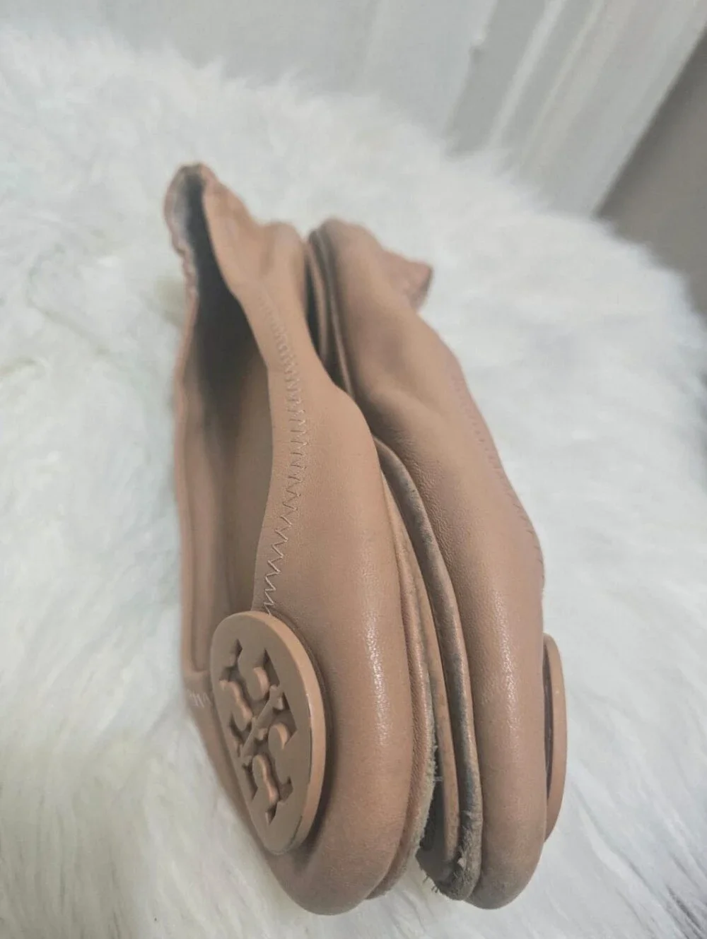 TORY BURCH Logo Minnie Travel Ballet Flat Logo - Nude - Size 7.5